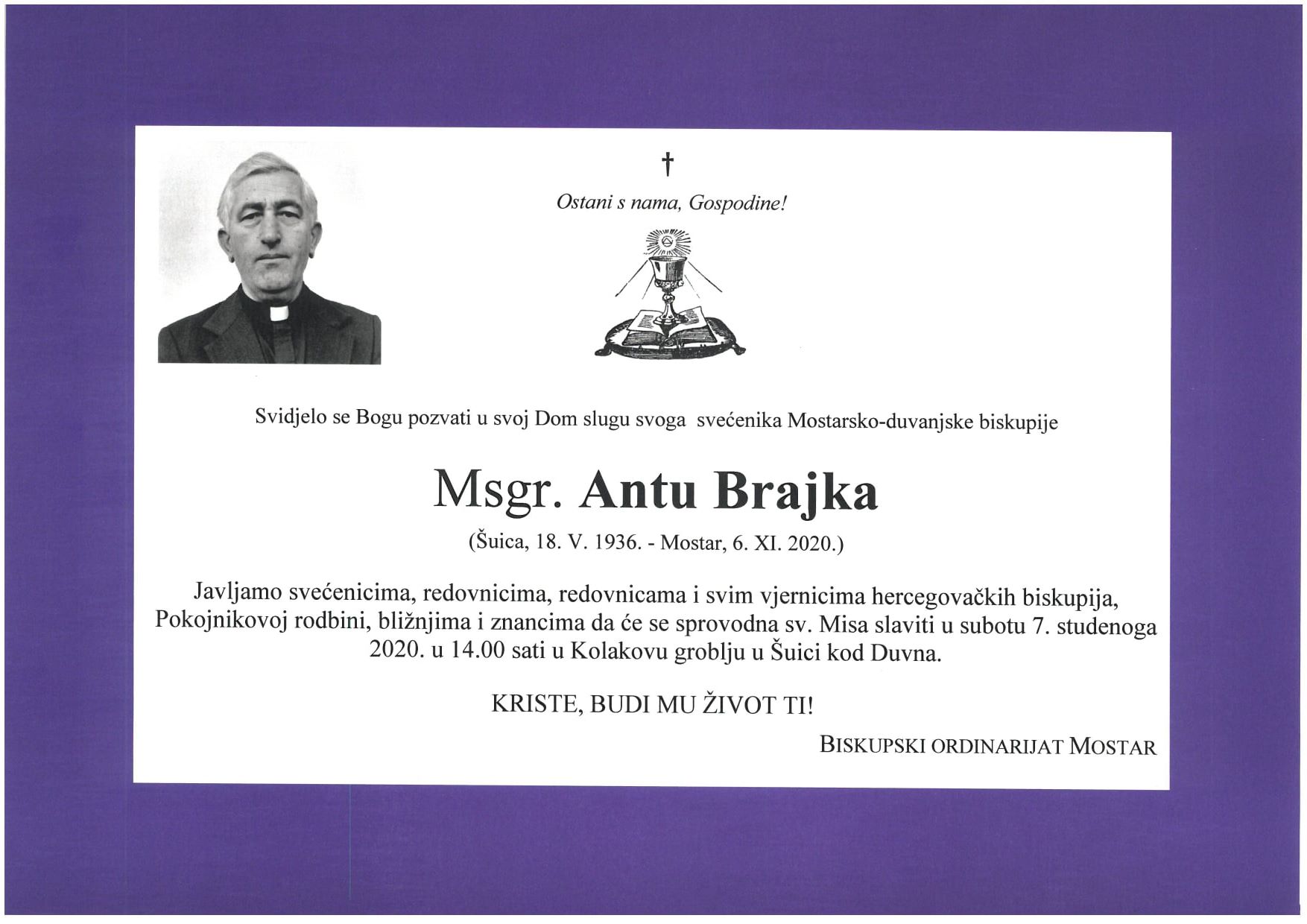 Preminuo mons. Ante Brajko, nekadašnji profesor KBF-a 5 smrtovnica 1