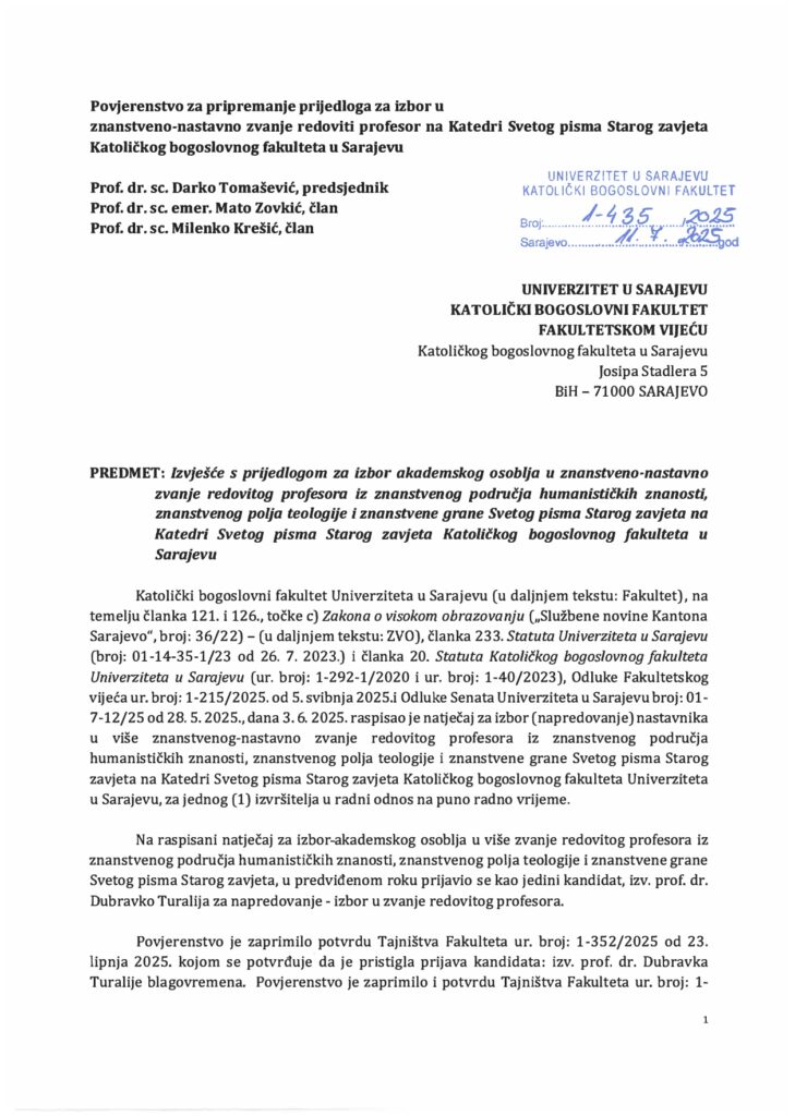 Izvjesce Komisije s prijedlogom za izbor u zavnje KSPSZ D.T 0001