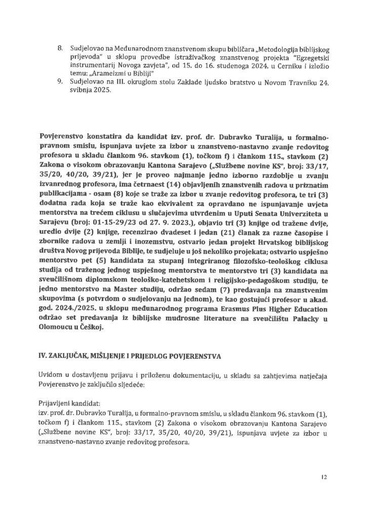 Izvjesce Komisije s prijedlogom za izbor u zavnje KSPSZ D.T 0012