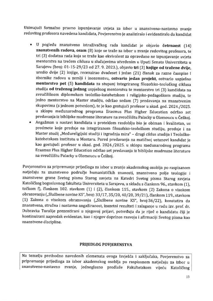 Izvjesce Komisije s prijedlogom za izbor u zavnje KSPSZ D.T 0013