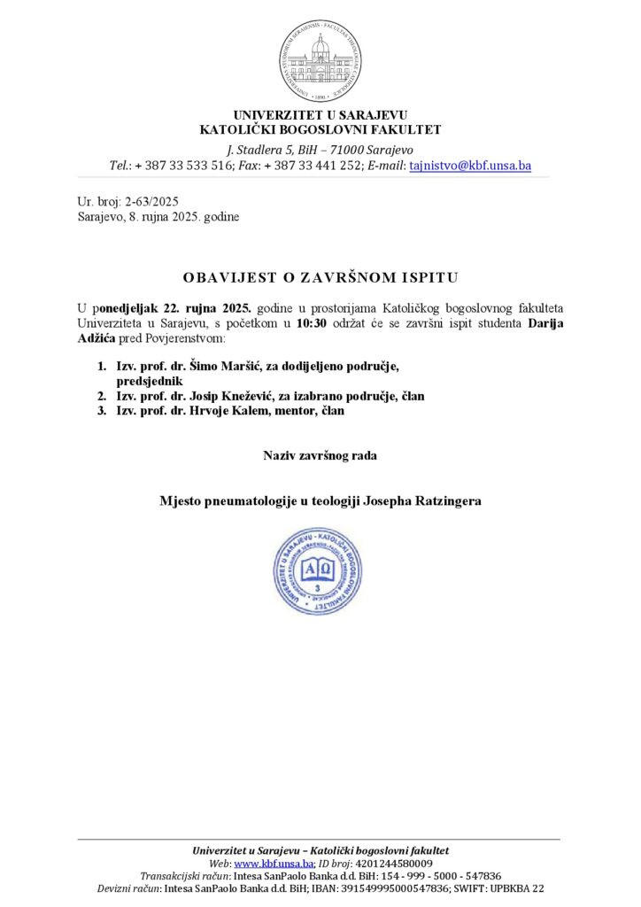 OBAVIJEST O ZAVRSNOM ISPITU DARIO ADZIC