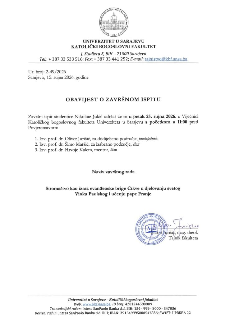 OBAVIJEST O ZAVRSNOM ISPITU NIKOLINA JUKIC