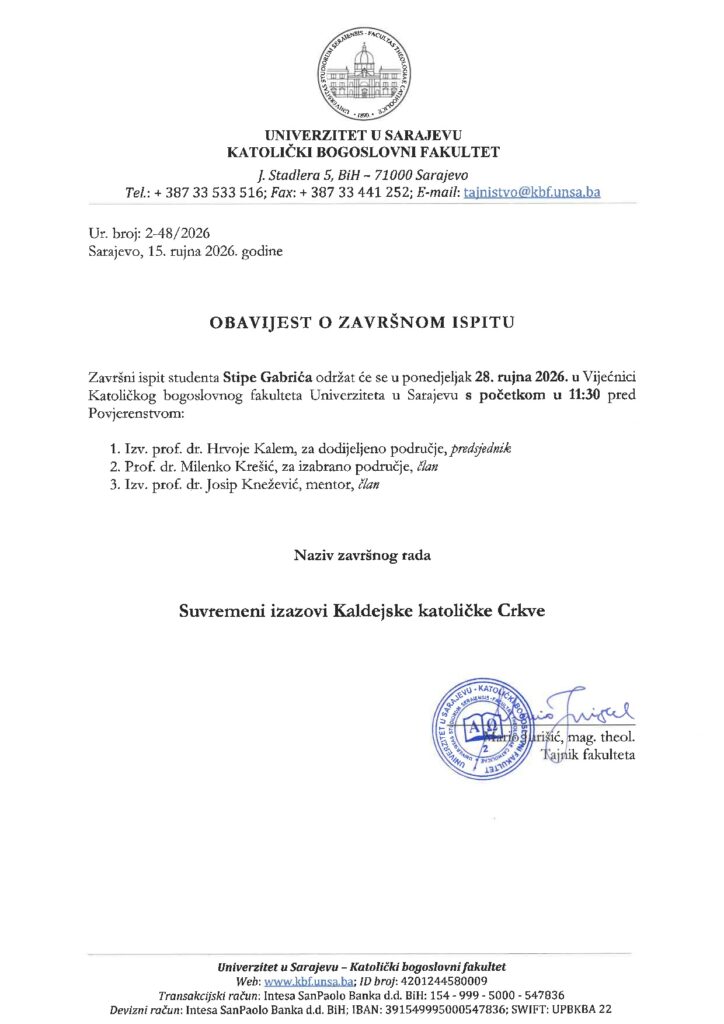 OBAVIJEST O ZAVRSNOM ISPITU STIPE GABRIC