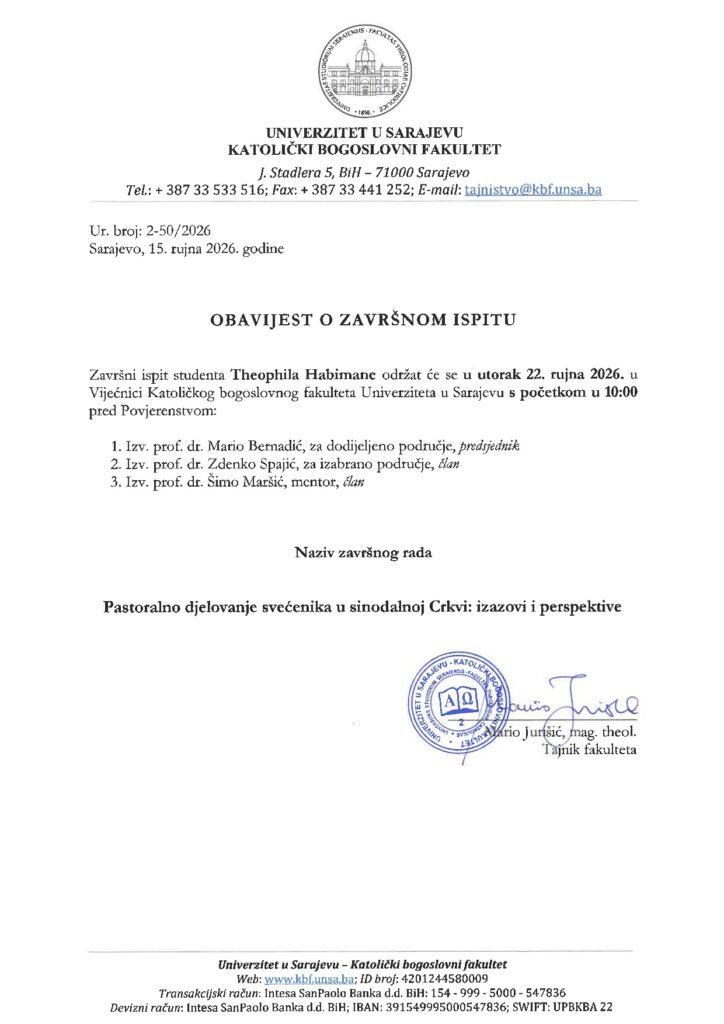 OBAVIJEST O ZAVRSNOM ISPITU THEOPHILE HABIMANA